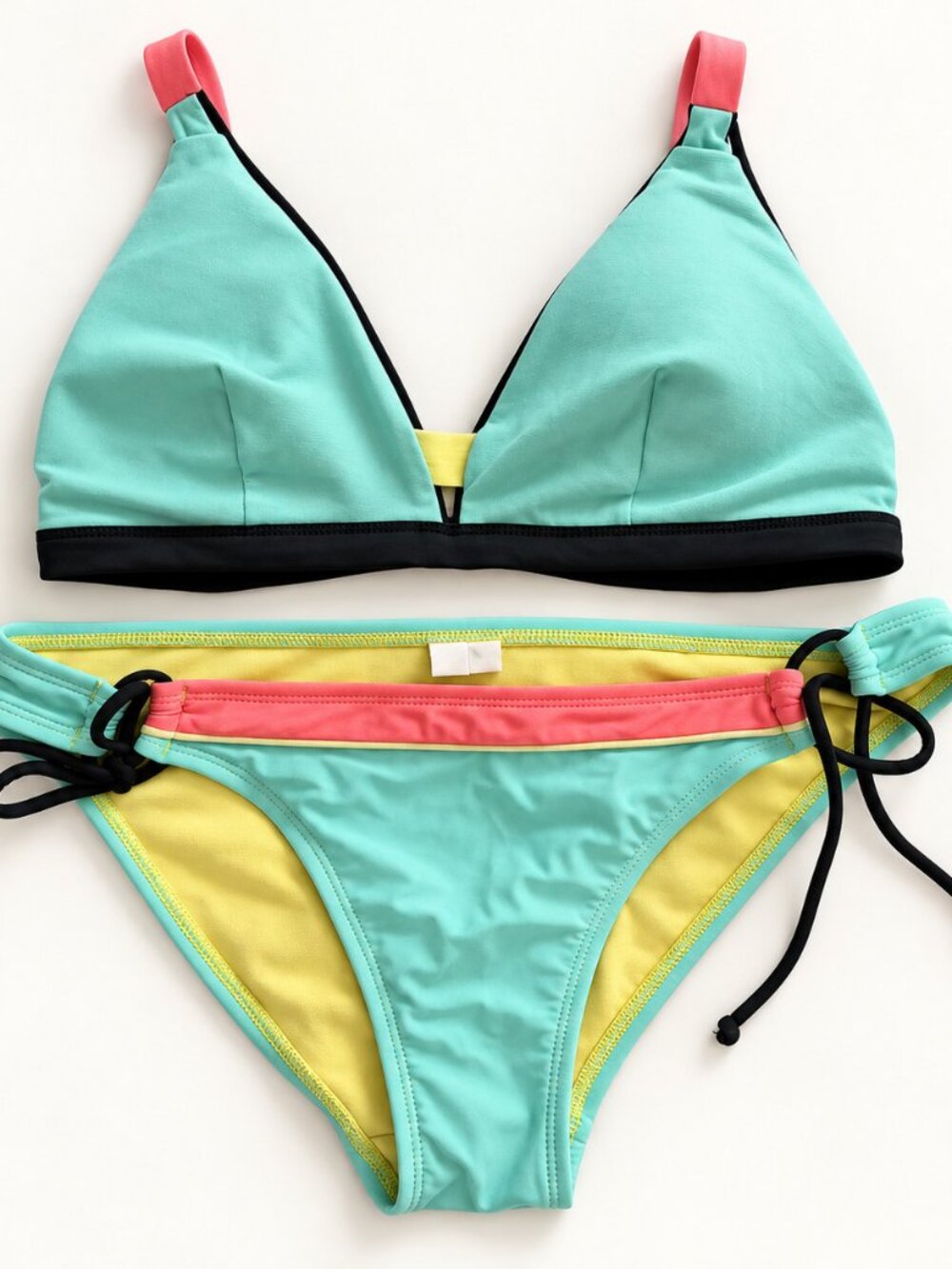 Hobie Aqua Coral Yellow Colorblock Side-Tie Bikini Set Size M